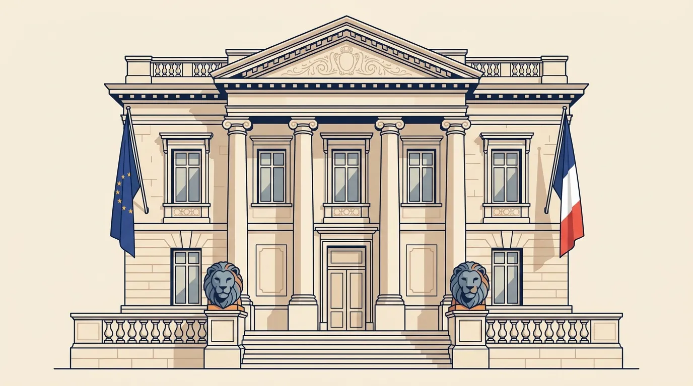 Bâtiment néoclassique avec colonnes, lions et drapeaux français