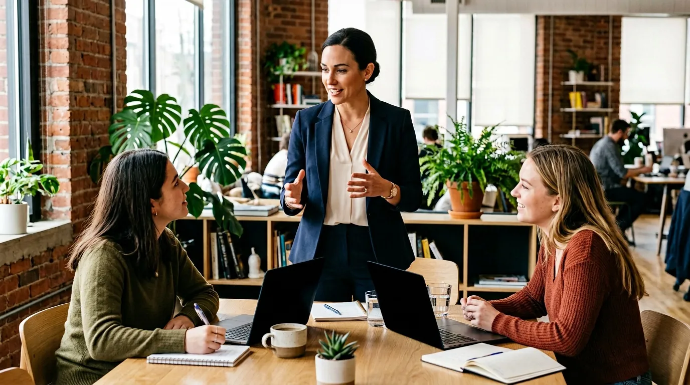 Trois femmes discutent autour d'une table de travail dans un bureau moderne