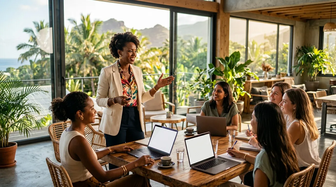 Femme présentant devant collègues autour table bureau tropical