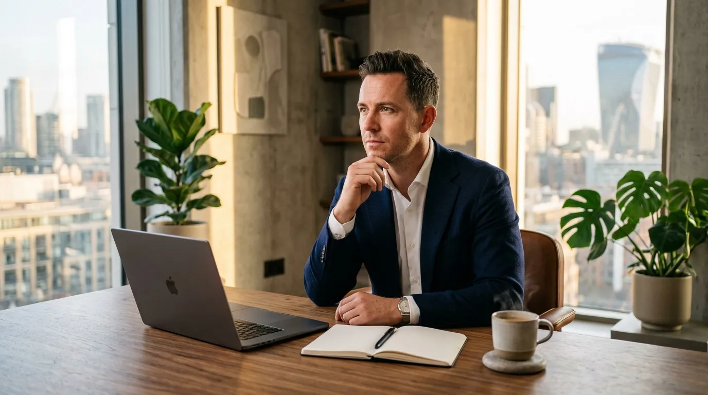 Homme en costume travaillant sur ordinateur portable en hauteur