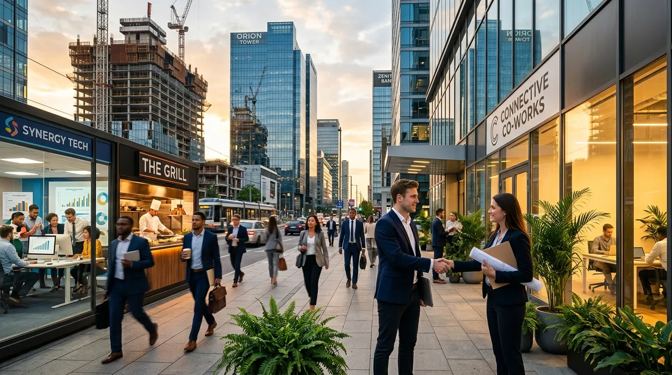 Centre-ville animé avec professionnels, gratte-ciel et commerces
