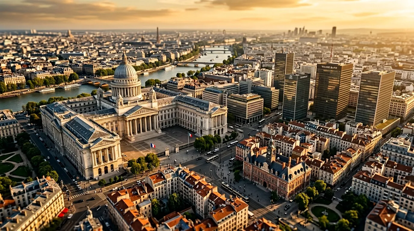 Vue aérienne du Panthéon parisien et de la Seine au soleil couchant