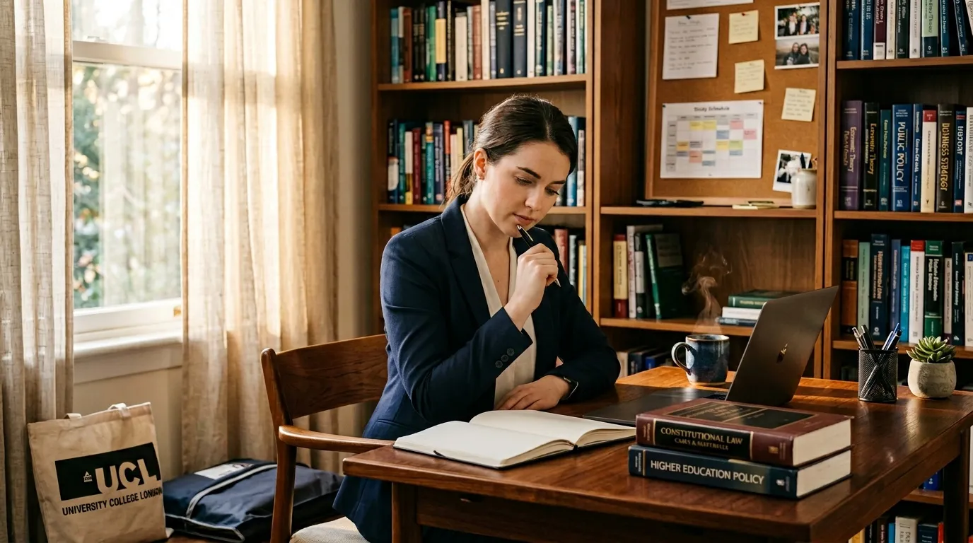 Femme en costume bleu travaillant à son bureau dans une bibliothèque