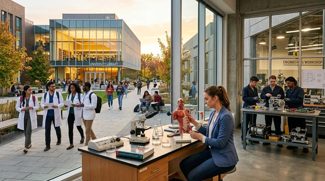 Étudiants et chercheurs dans un campus universitaire contemporain