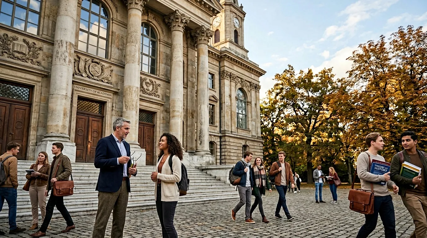 Étudiants et professeurs devant bâtiment universitaire historique
