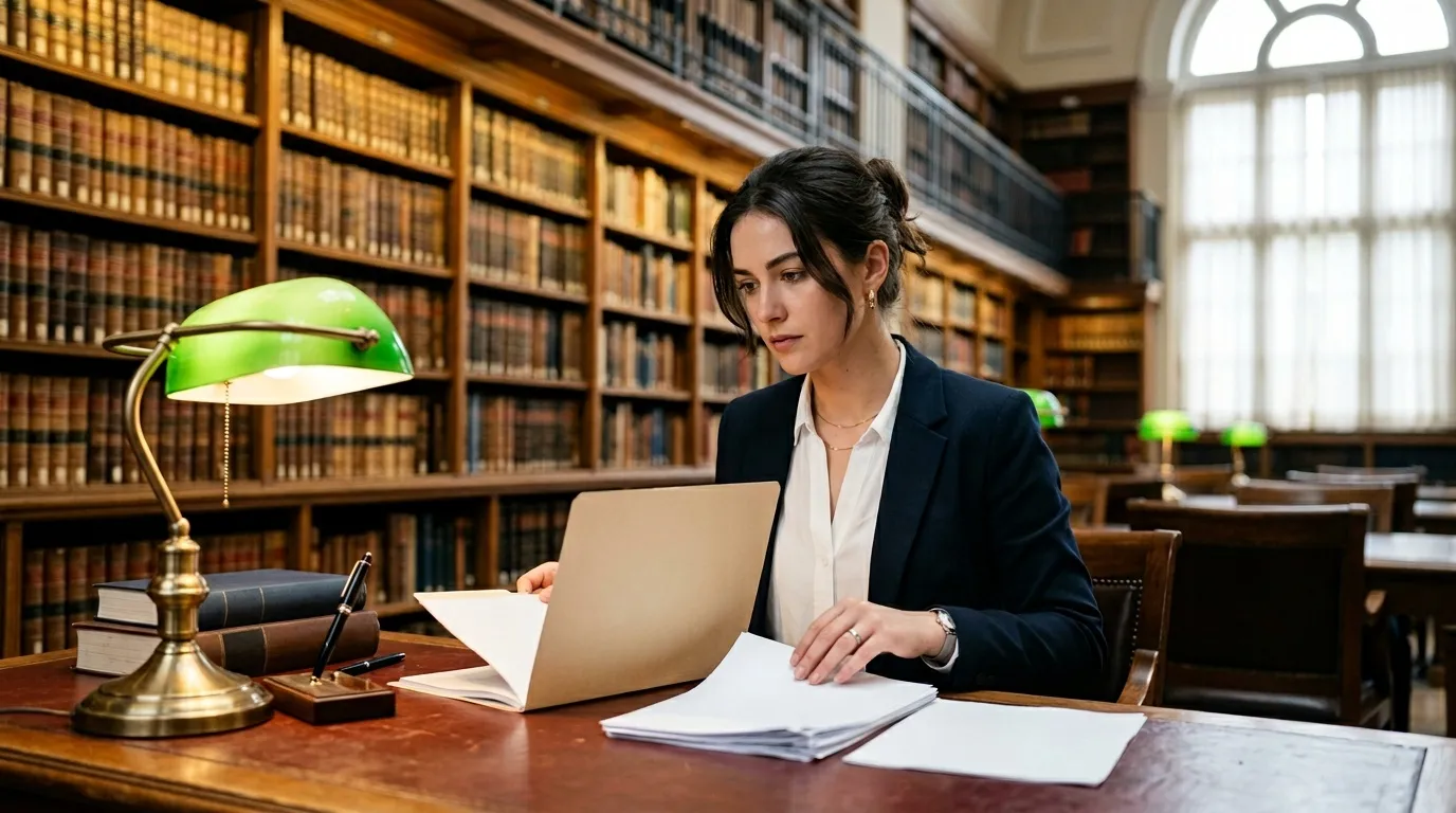 Femme en costume noir travaillant sur laptop à une table de bibliothèque