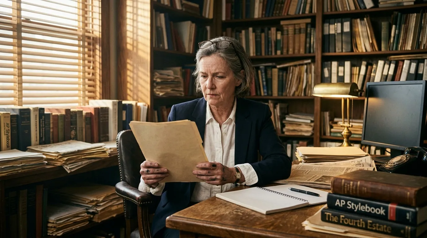 Femme âgée lisant un document dans un bureau entouré de livres