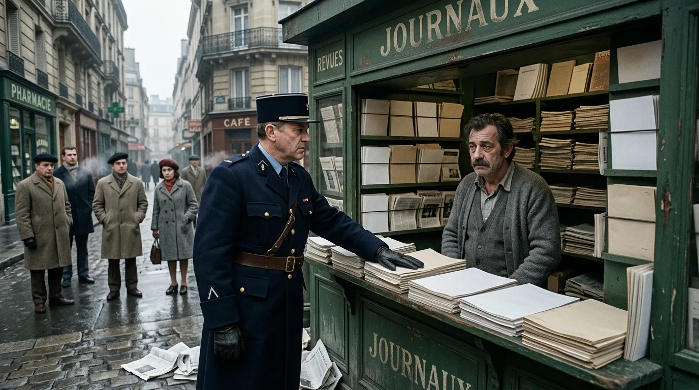 Policier en uniforme vérifie documents à kiosque journaux Paris