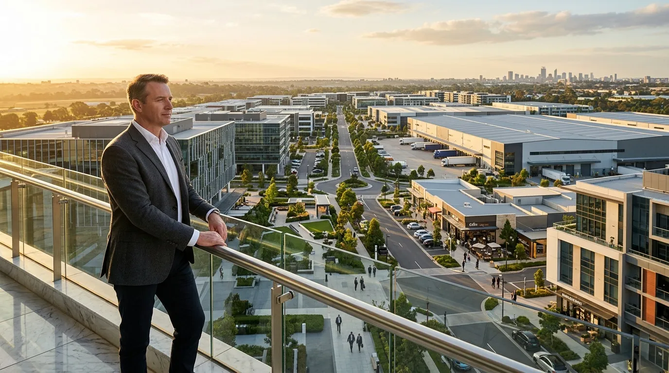 Homme en costume observant un complexe immobilier moderne depuis une terrasse