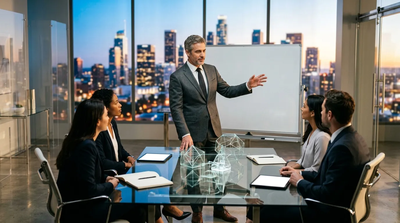 Homme d'affaires présentant devant quatre collègues en réunion
