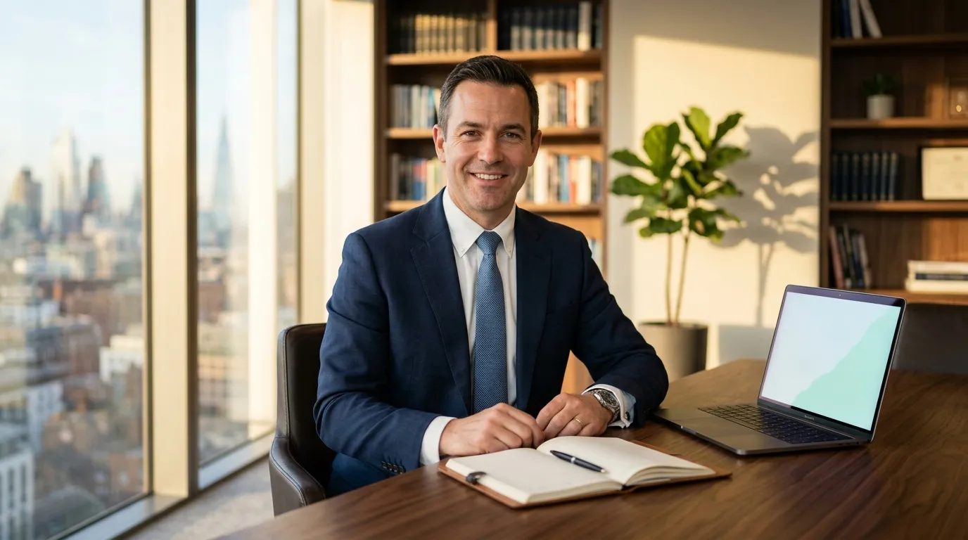 Homme d'affaires souriant à son bureau avec vue panoramique