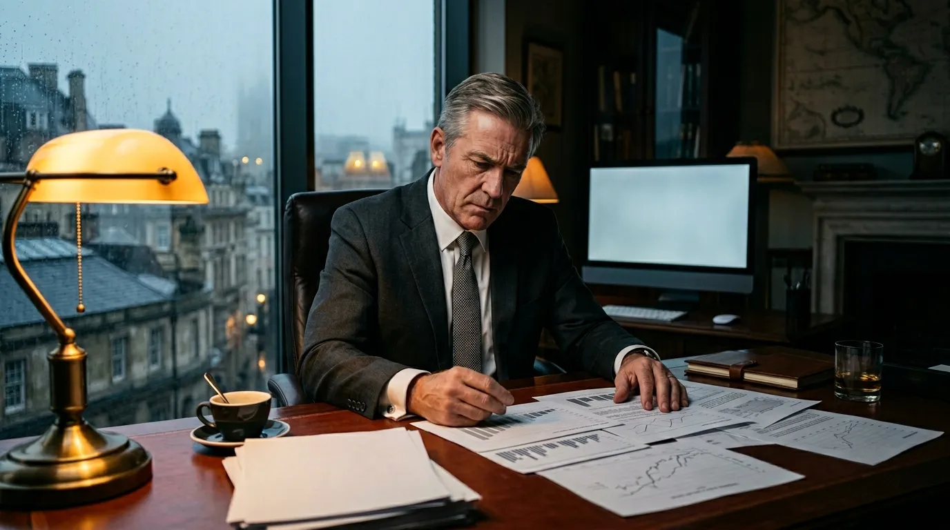 Homme d'affaires en costume analysant des documents professionnels