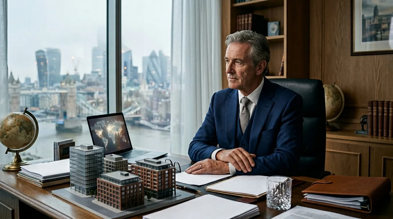 Homme d'affaires en costume bleu à son bureau avec vue sur Londres