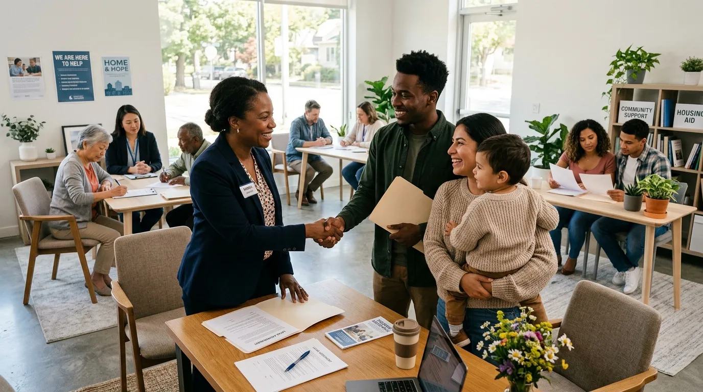 Une famille souriante rencontre une conseillère dans un bureau d'aide sociale