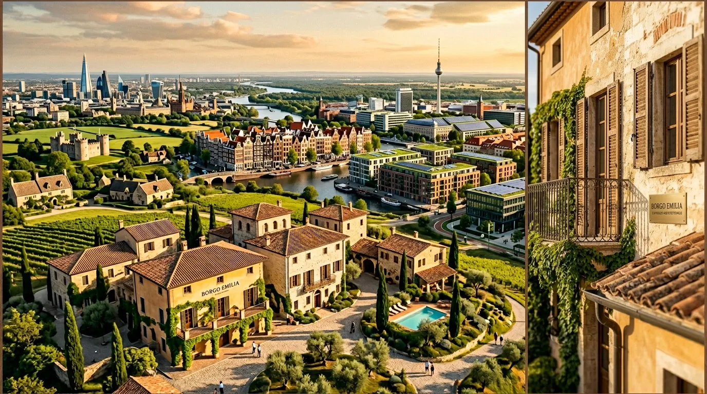 Propriété italienne luxueuse avec piscine, ville en arrière-plan