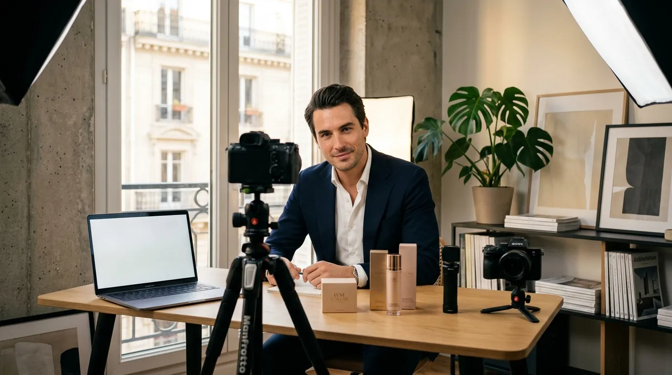 Homme en blazer bleu pr&eacute;sentant produits cosm&eacute;tiques devant cam&eacute;ra