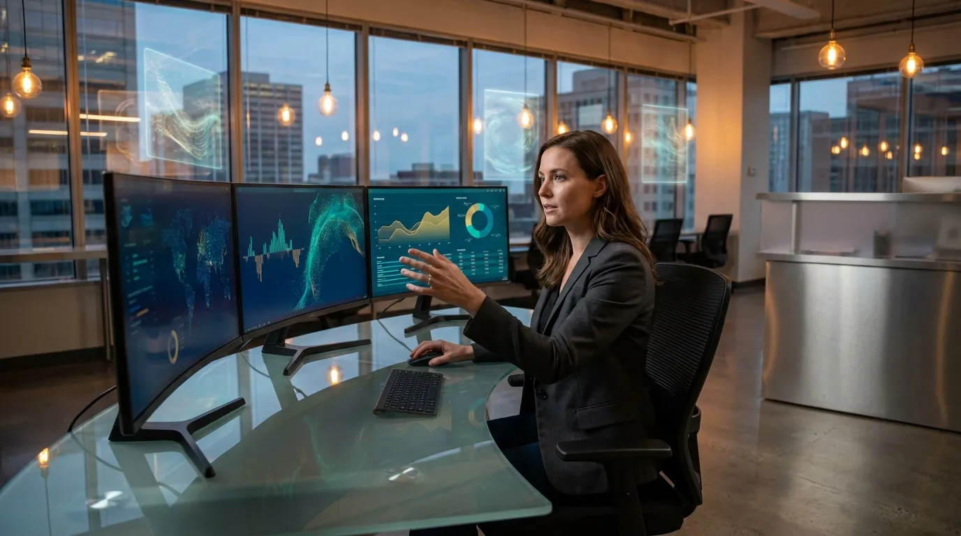 Femme en costume analysant donn&eacute;es financi&egrave;res sur &eacute;crans multiples