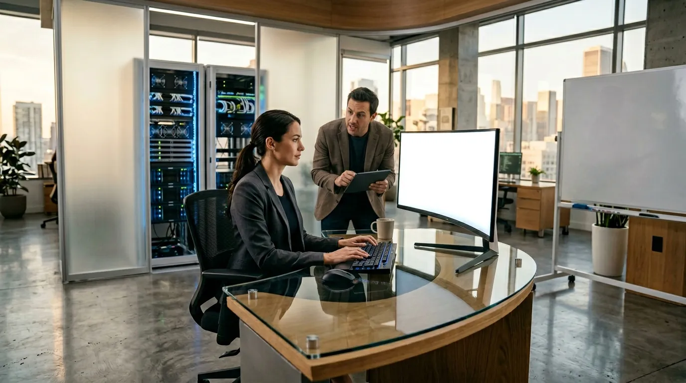 Deux professionnels travaillent ensemble dans un bureau high-tech avec serveurs