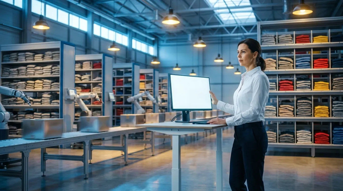 Femme consultant ordinateur dans entrep&ocirc;t textile automatis&eacute;