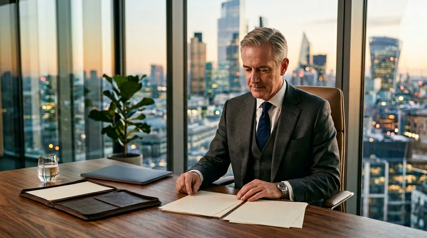 Cadre travaillant à son bureau avec vue sur la ville