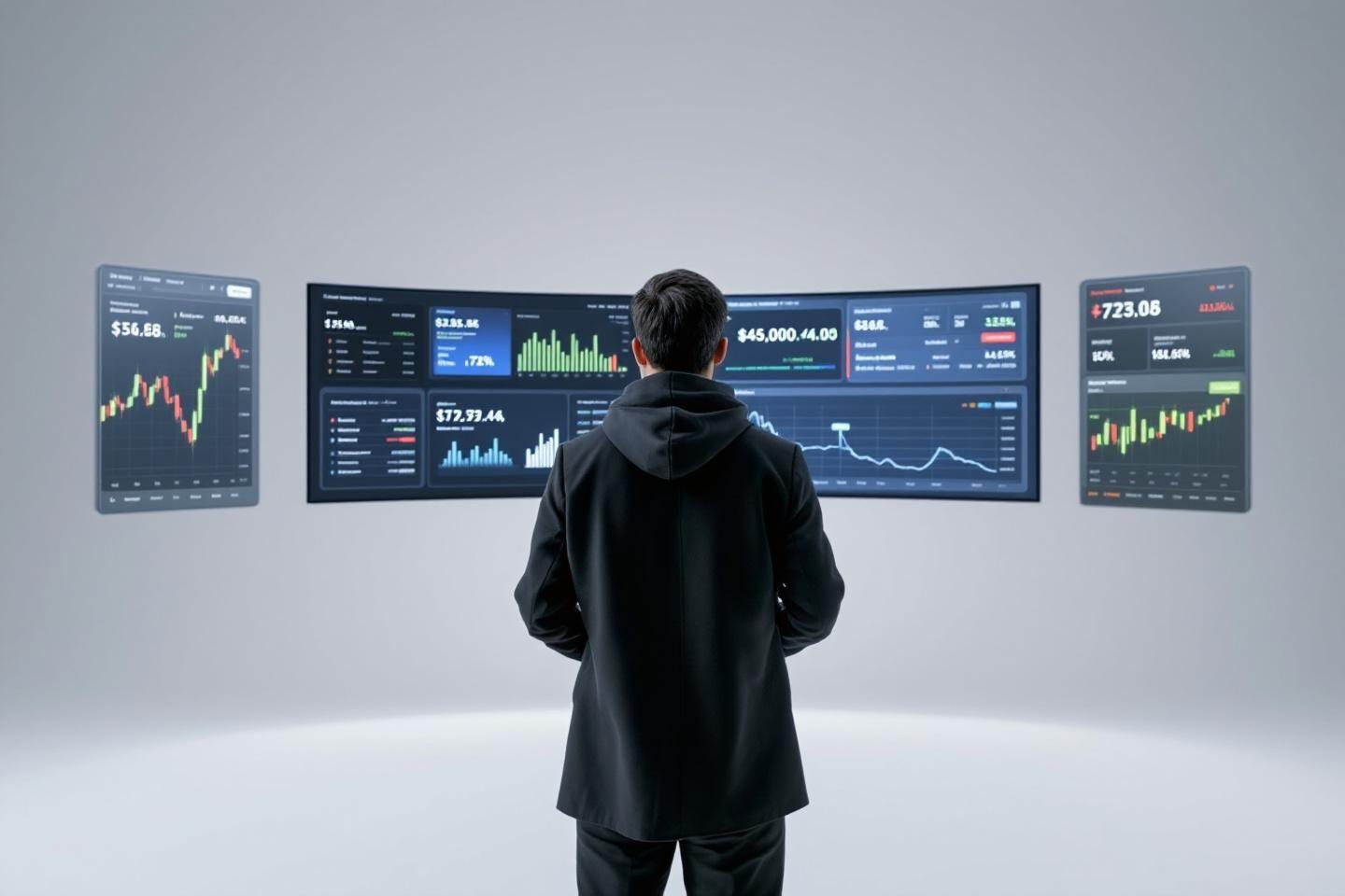 Homme devant des écrans montrant des graphiques boursiers