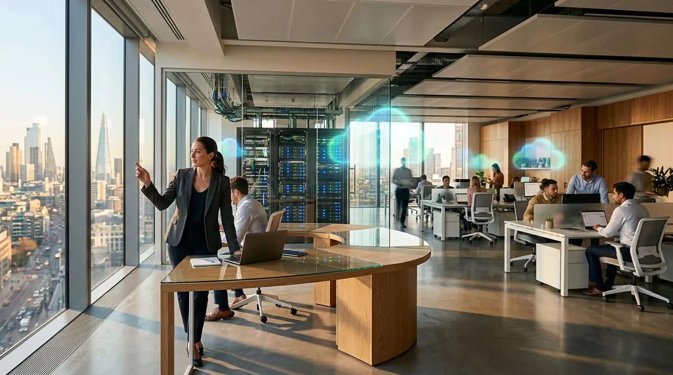 Équipe travaillant dans bureau high-tech avec vue panoramique ville