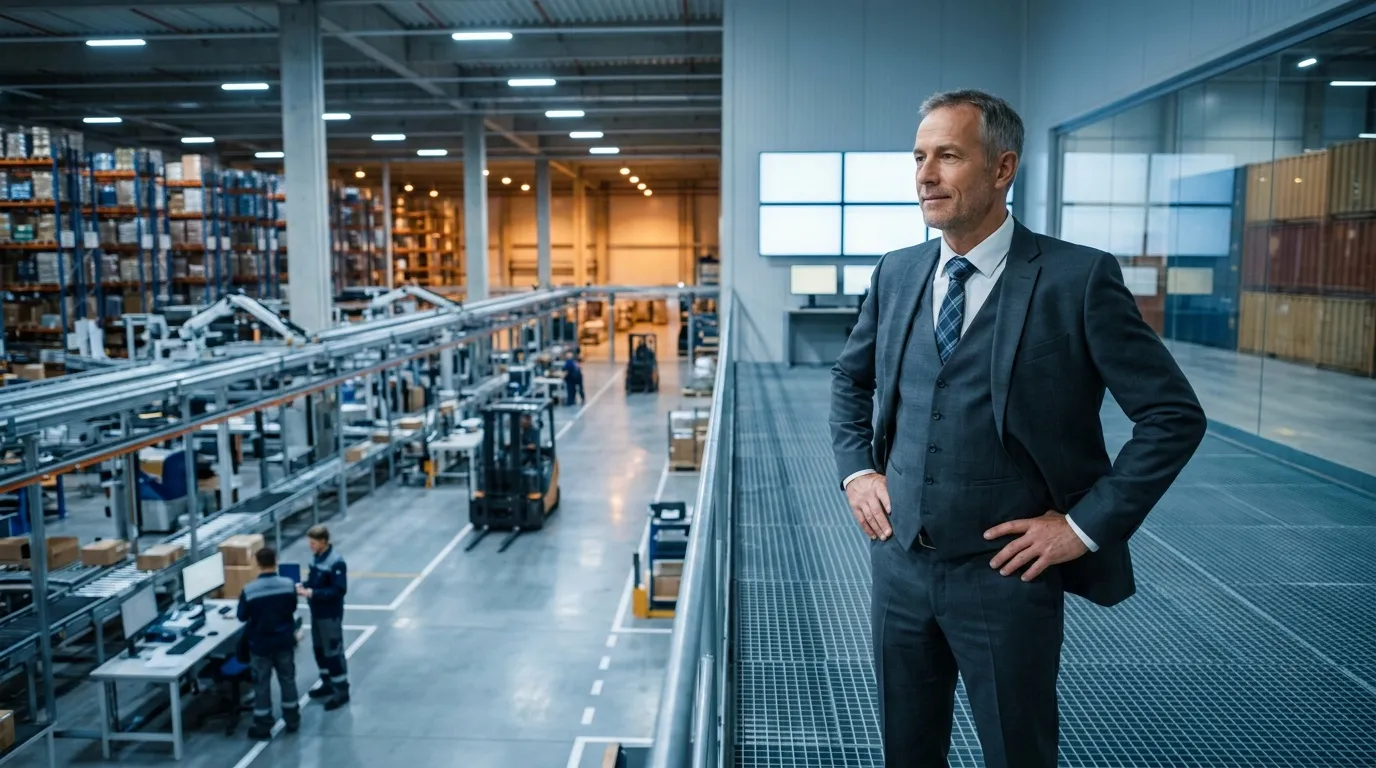 Homme en costume observant une usine depuis une plateforme élevée