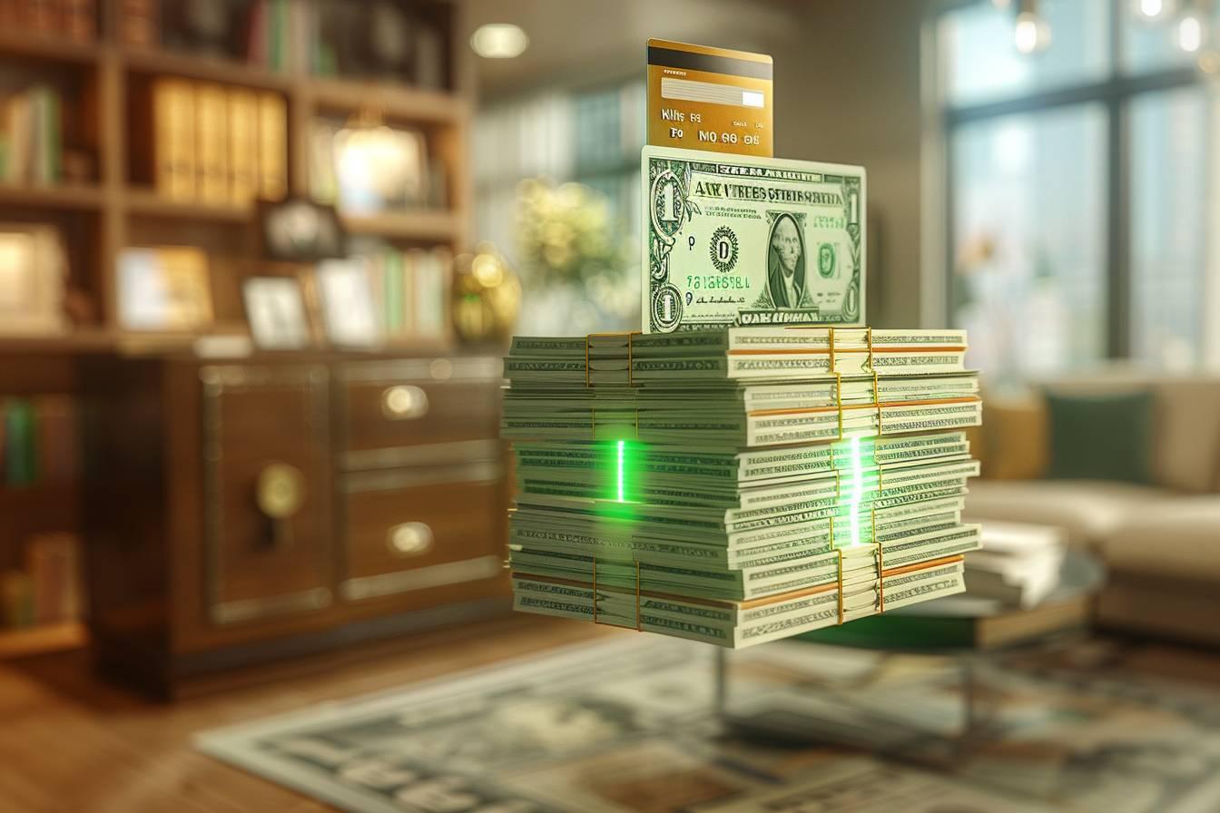 Une pile de billets de un dollar américain sur un bureau avec un arrière-plan flou.