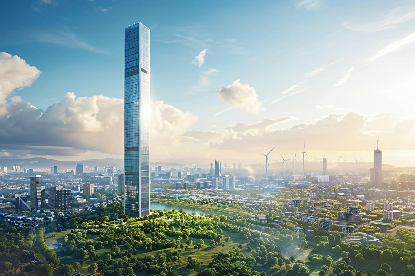 Vue aérienne d'une ville moderne avec un gratte-ciel dominant un paysage verdoyant