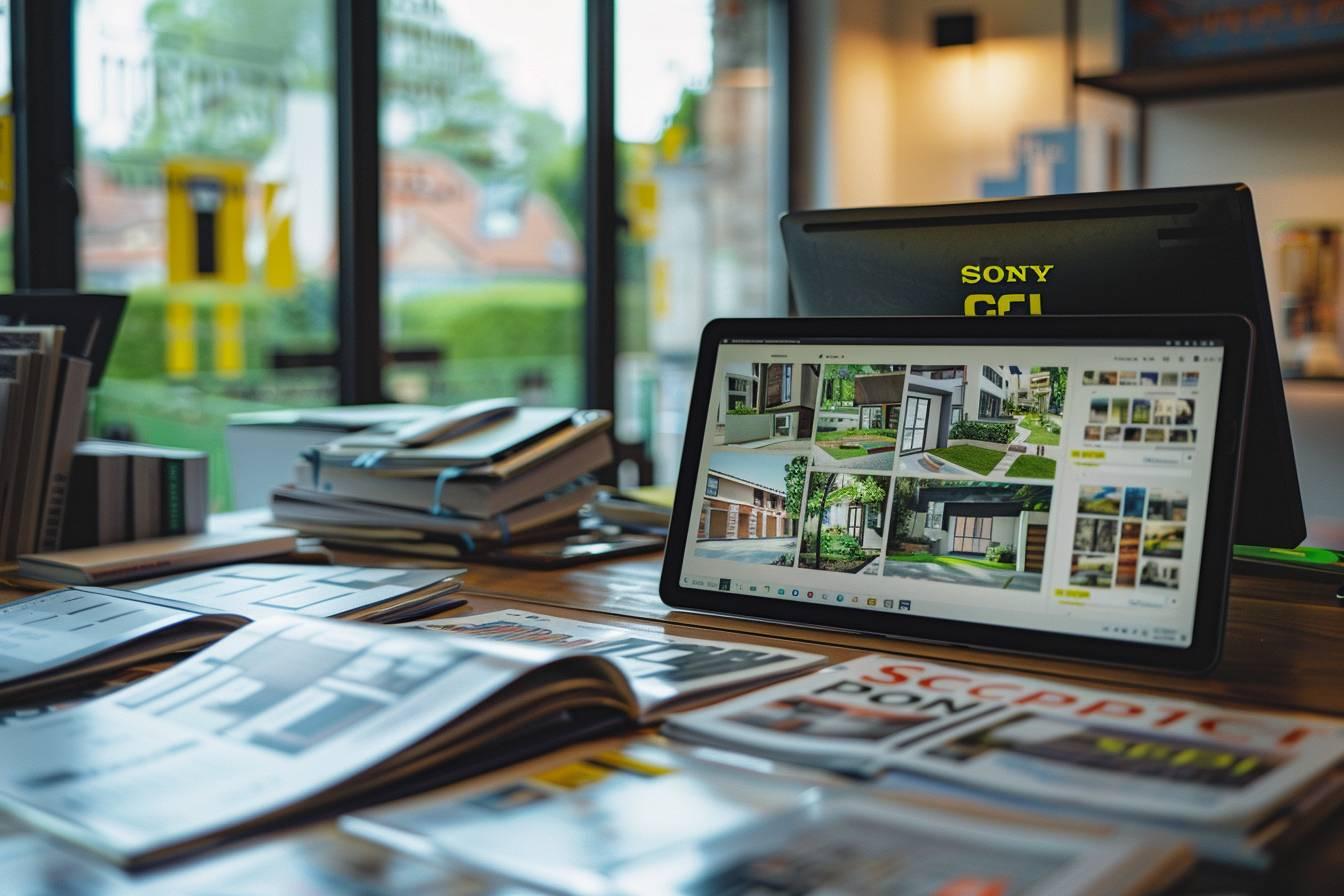 Un bureau avec des plans d'architecture et un ordinateur portable affichant des images de bâtiments.