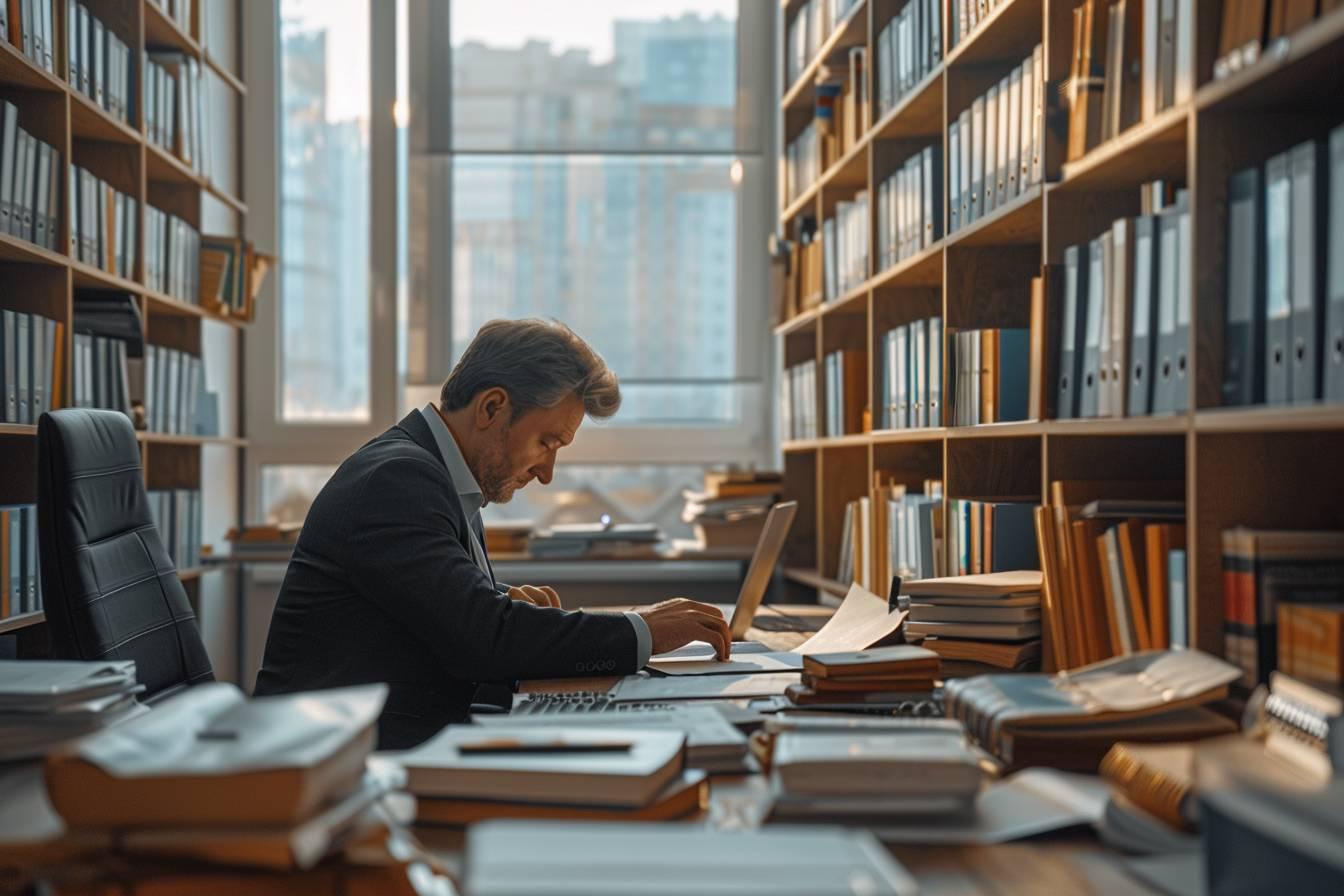 Un homme âgé travaillant dans une bibliothèque pleine de livres