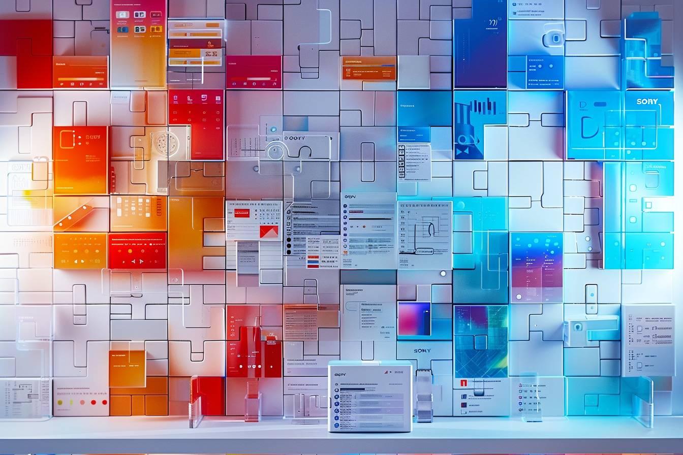 Une composition abstraite de formes géométriques colorées et de textures digitales.