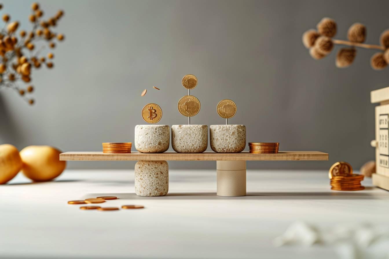 Pièces de monnaie Bitcoin sur des socles en pierre sur une étagère.