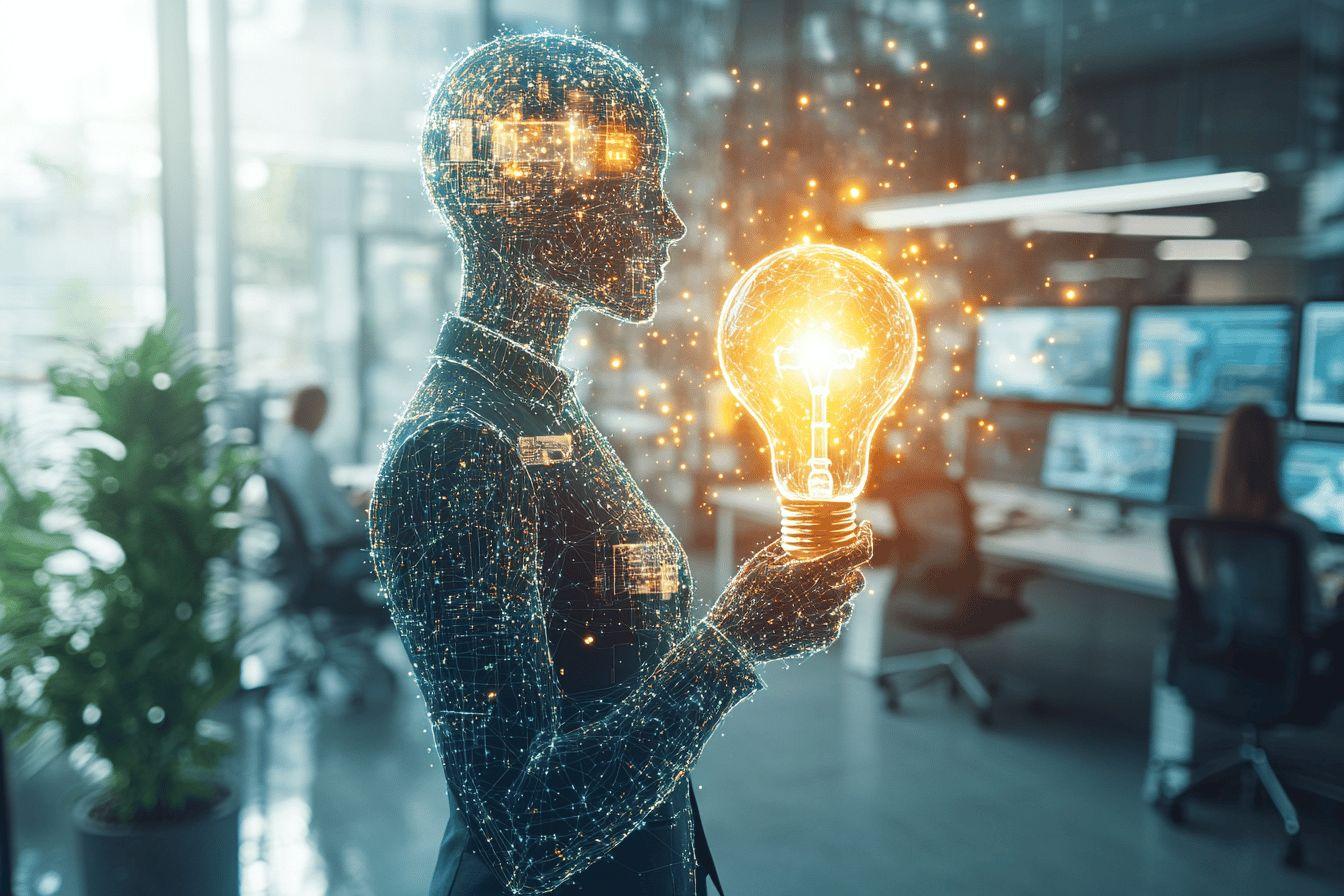 Silhouette num&eacute;rique tenant une ampoule lumineuse dans un bureau high-tech