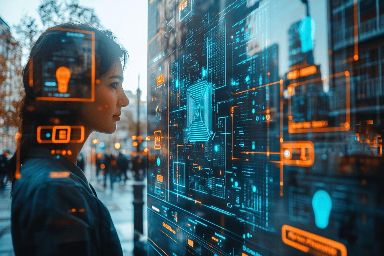 Profil f&eacute;minin avec interface technologique futuriste en ville