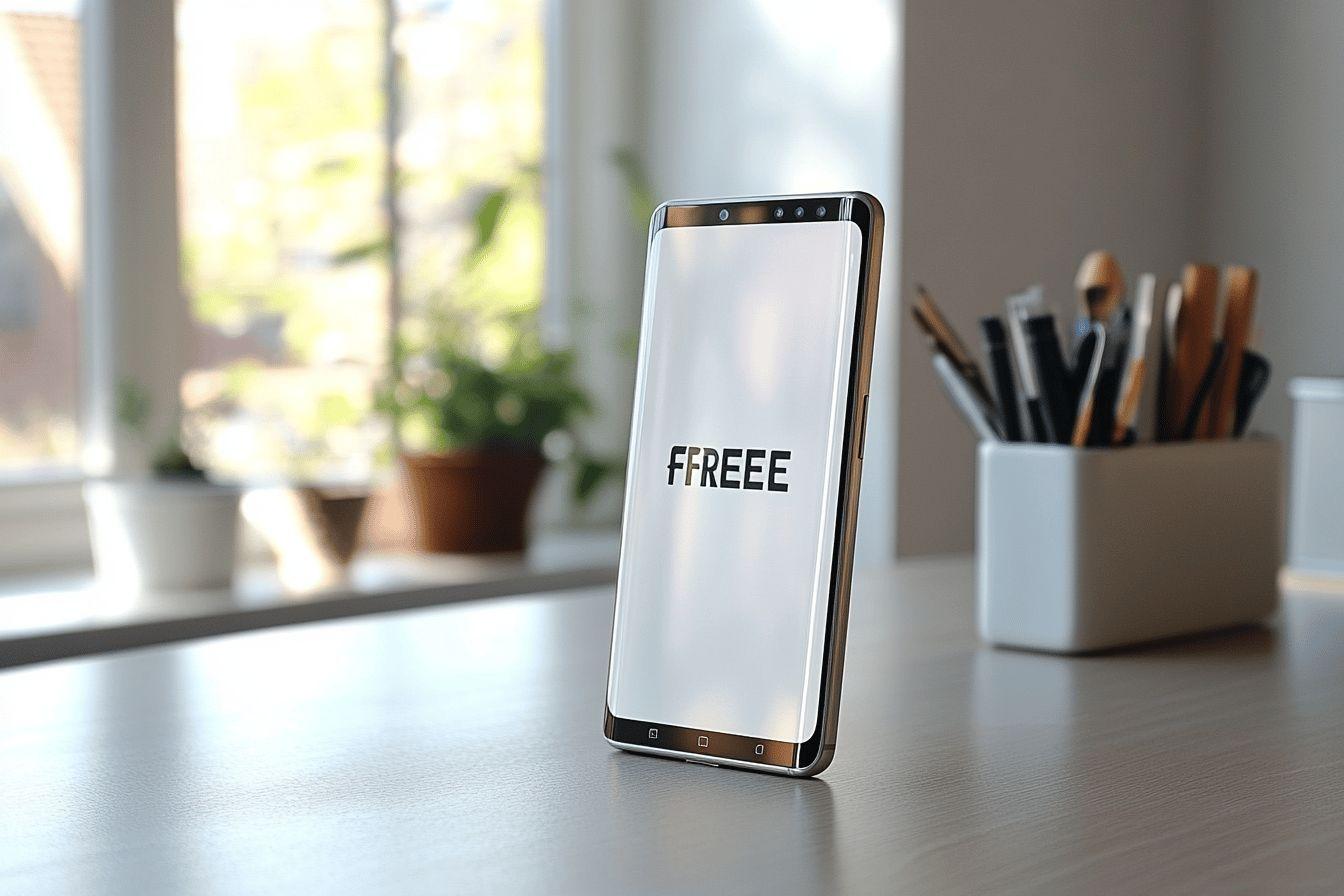 Smartphone blanc pos&eacute; sur une table pr&egrave;s d'une fen&ecirc;tre