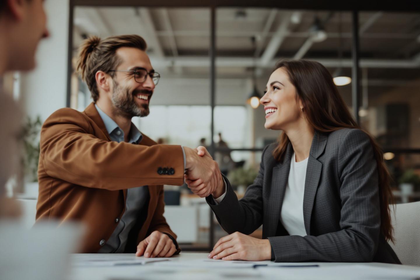 Deux coll&egrave;gues se serrent la main et sourient au bureau