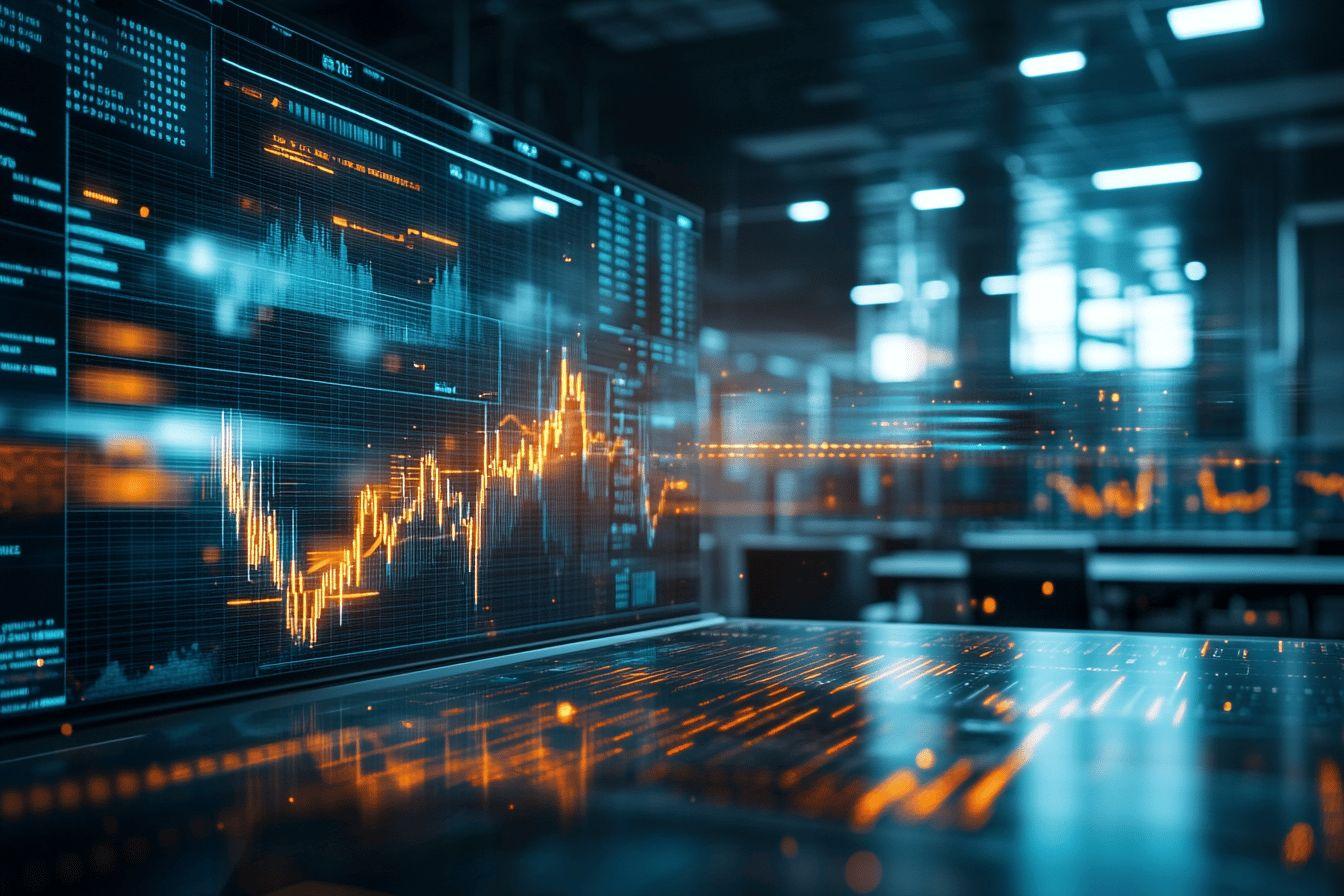 Graphiques boursiers lumineux sur &eacute;cran technologique futuriste