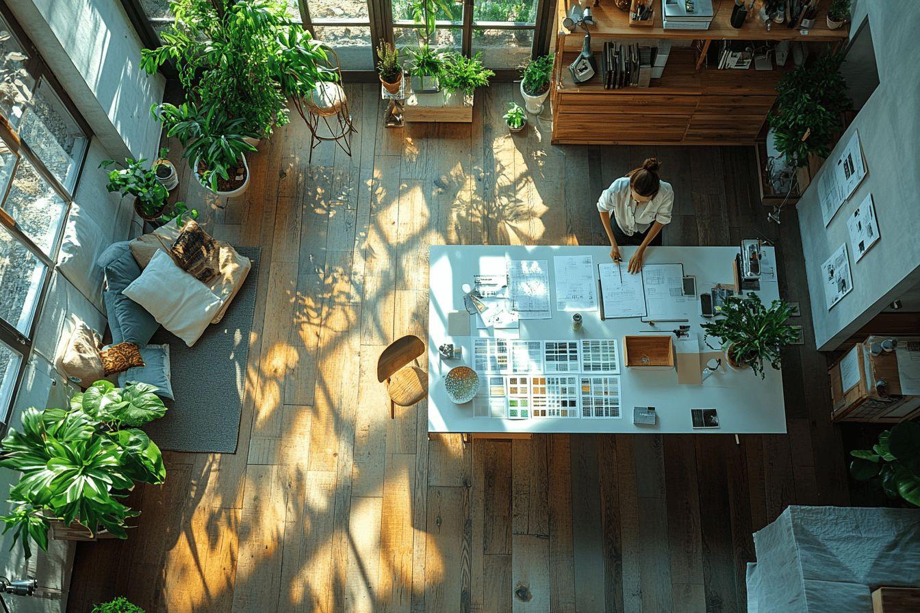 Bureau avec plantes, table blanche et lumière solaire