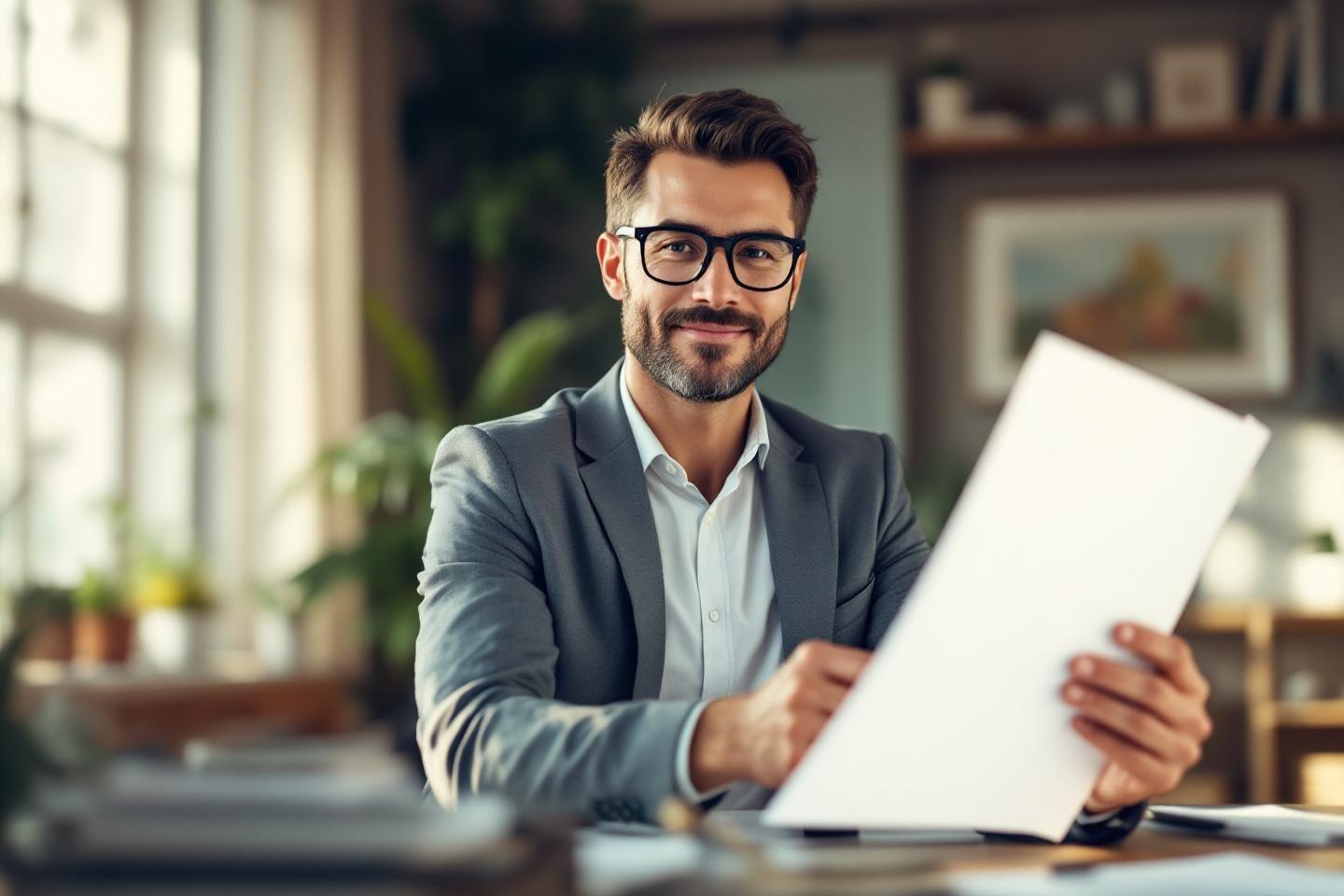 Professionnel avec des lunettes tenant un document et souriant
