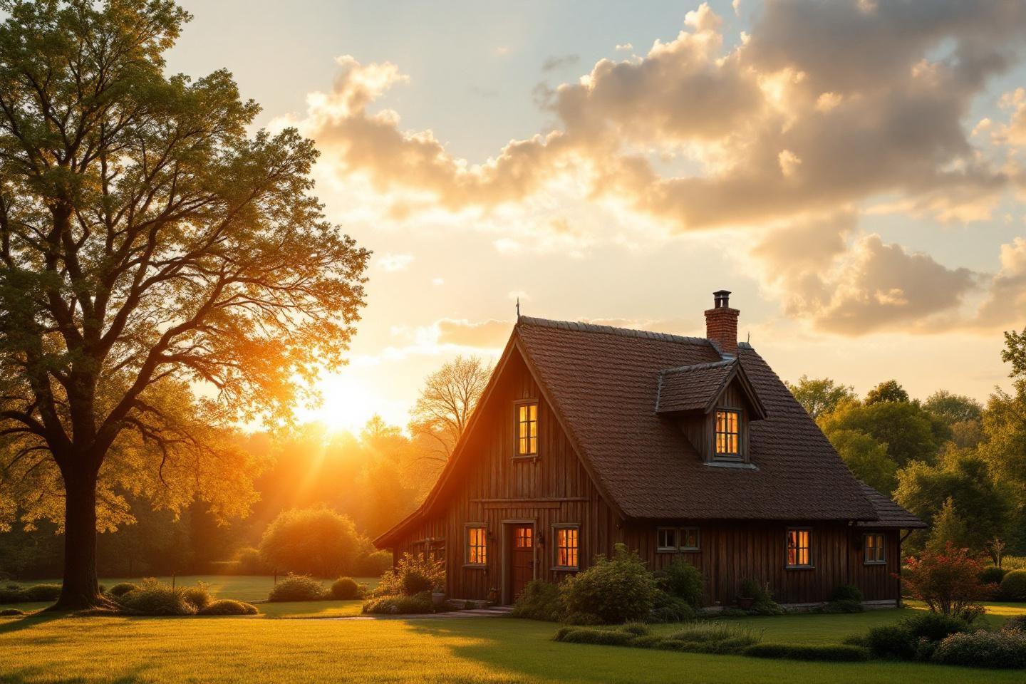 Maison en bois dans un champ dor&eacute; au lever du soleil