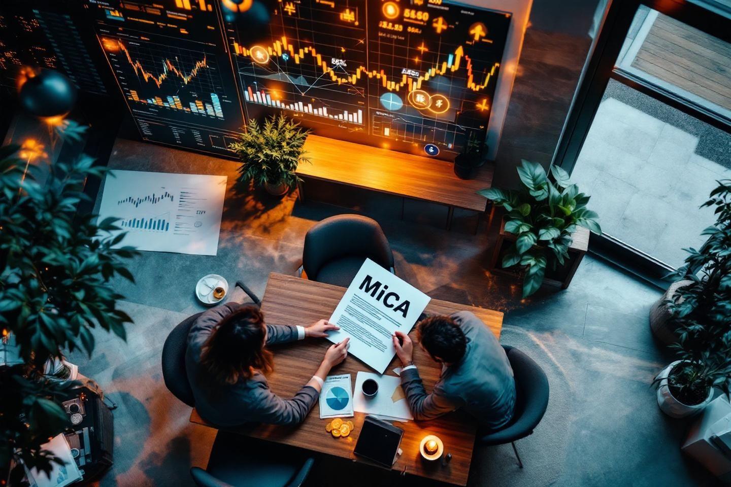 Deux personnes discutant de documents financiers avec des graphiques boursiers