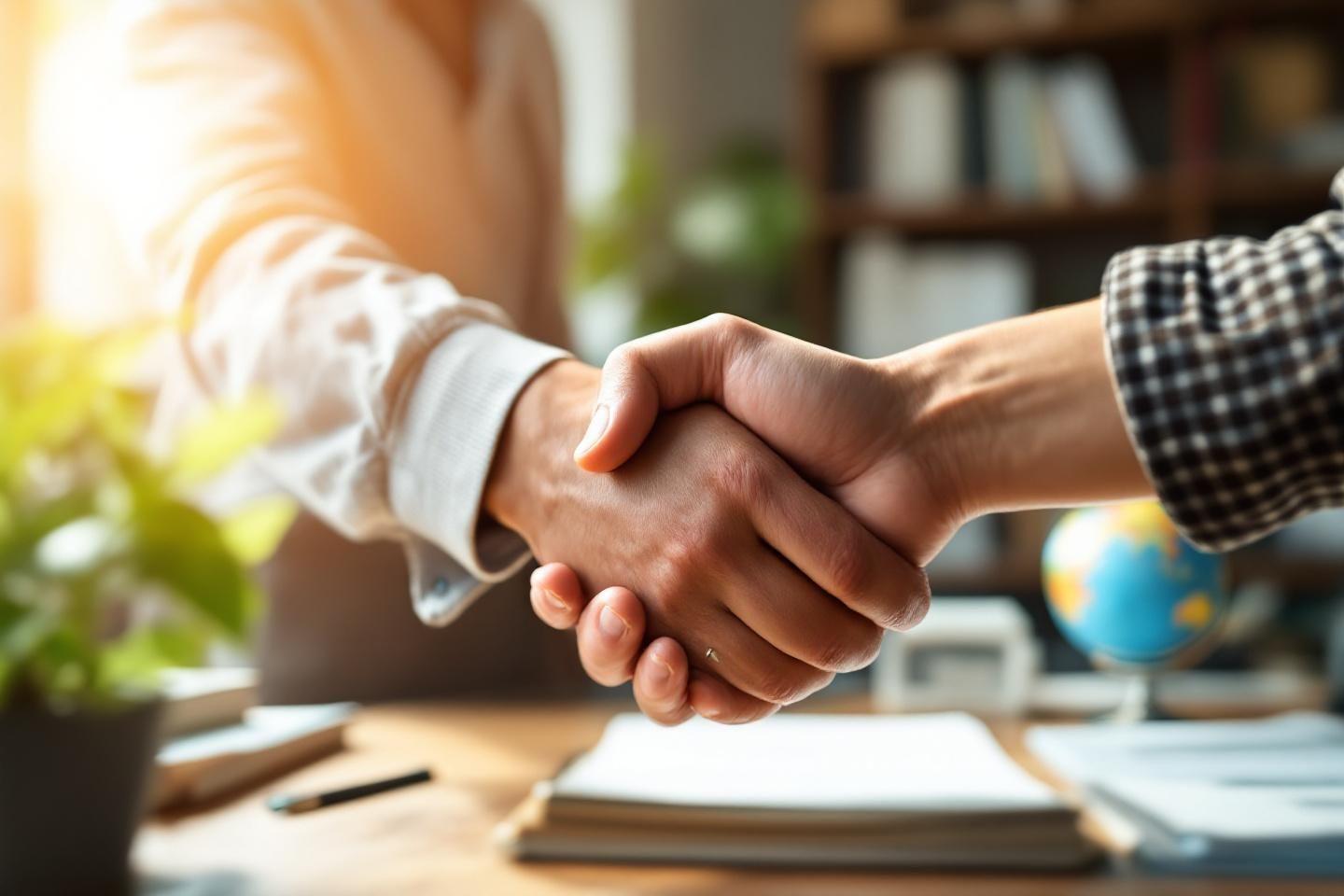 Deux mains se serrent, bureau avec globe et documents