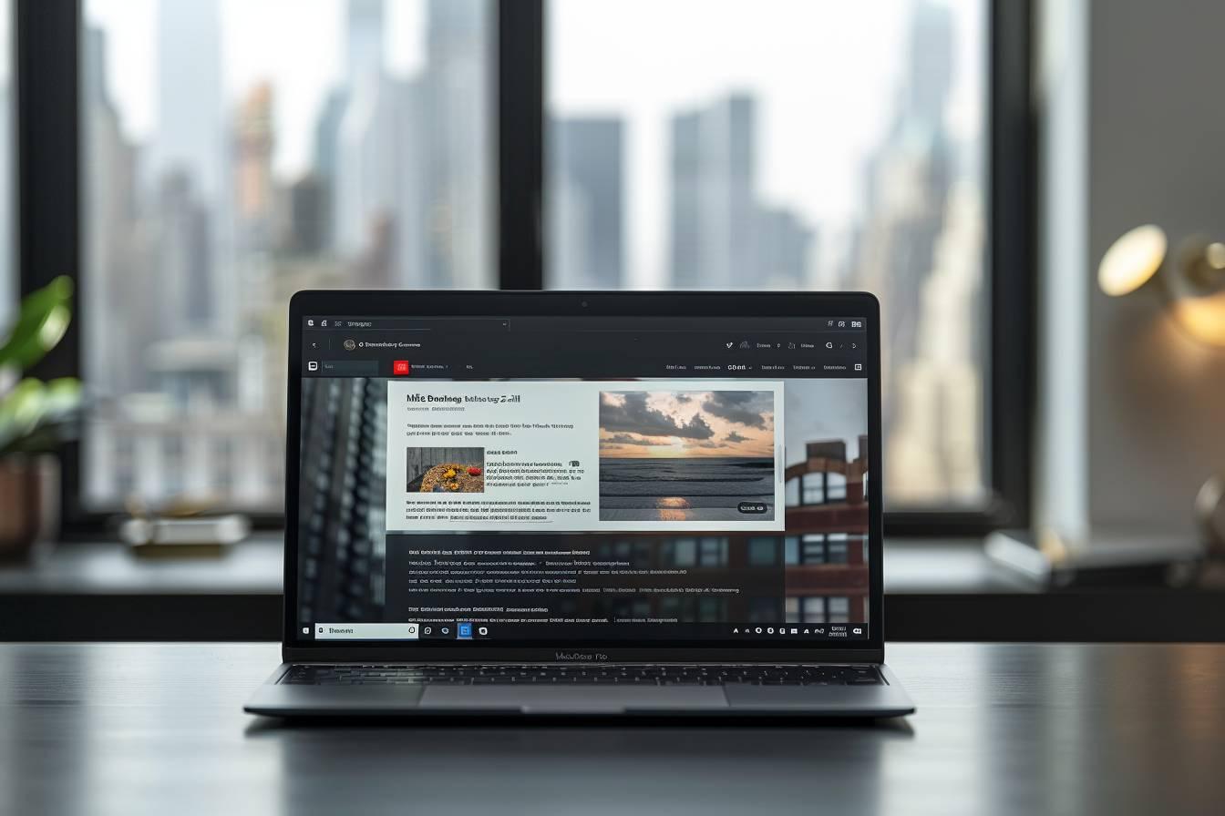Un ordinateur portable sur un bureau avec une vue de la ville en arrière-plan