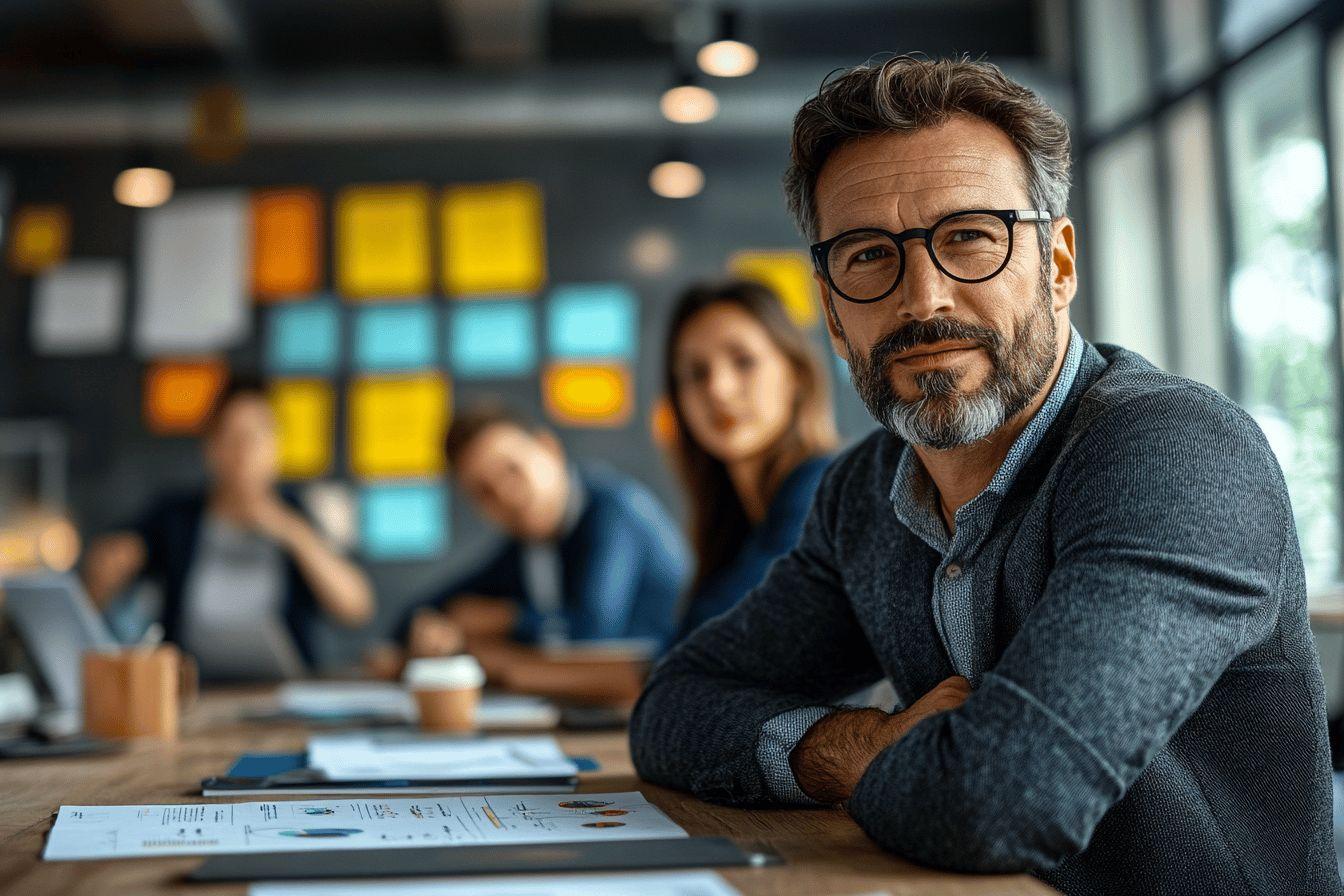 Homme d'&acirc;ge m&ucirc;r avec lunettes dans un bureau moderne