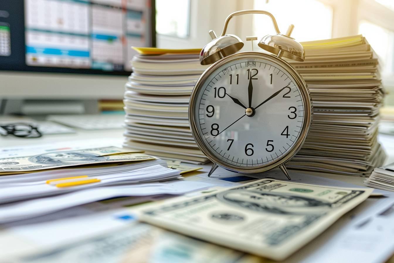 Une horloge mécanique et des billets de banque sur un bureau encombré