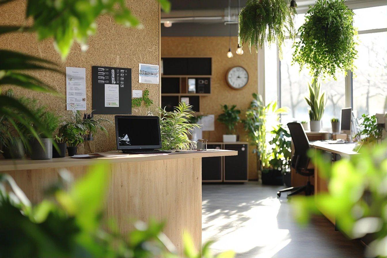 Espace de travail moderne avec plantes suspendues et &eacute;clairage naturel