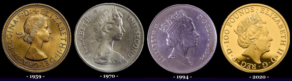 es quatre portraits numismatiques d'Elisabeth II