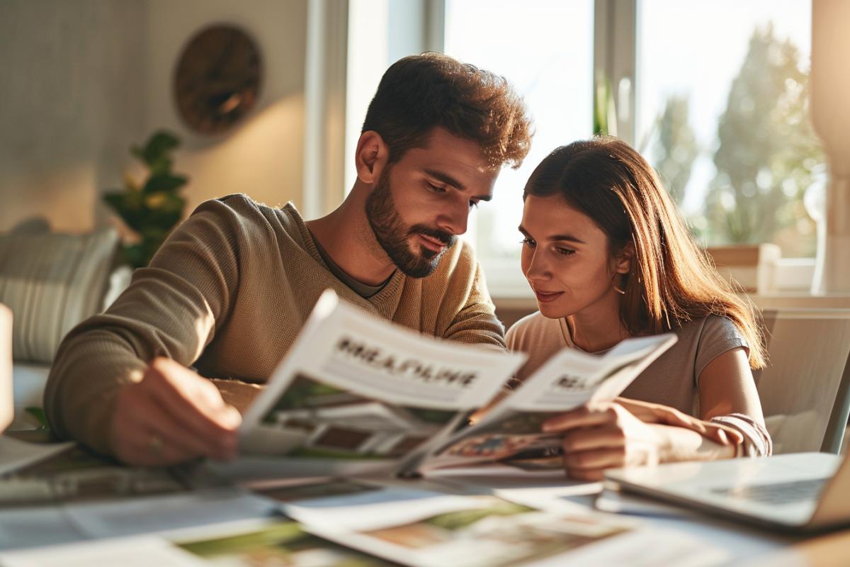 Jeune couple regardant un magazine à la maison.