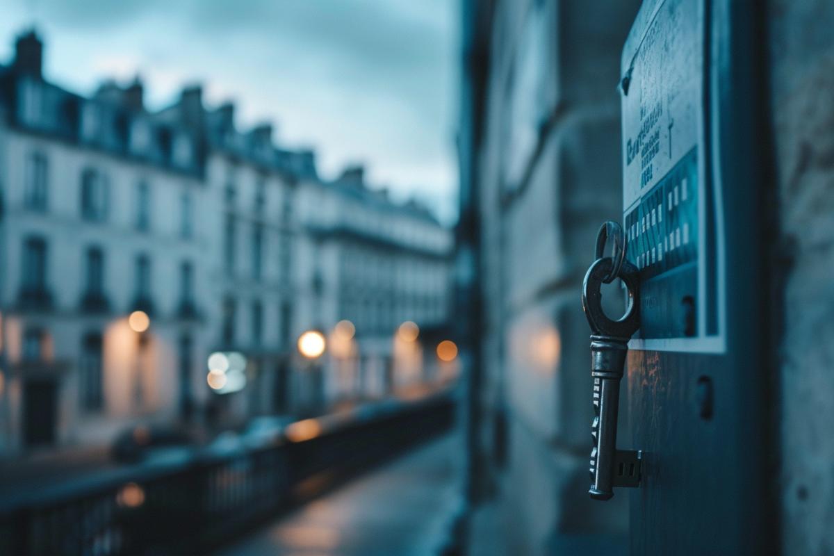 Une clé est accrochée sur le côté d'un immeuble parisien.